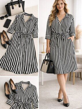 Cato Striped Shirt Dress 22W 24W Belted Plus Size Black White Midi